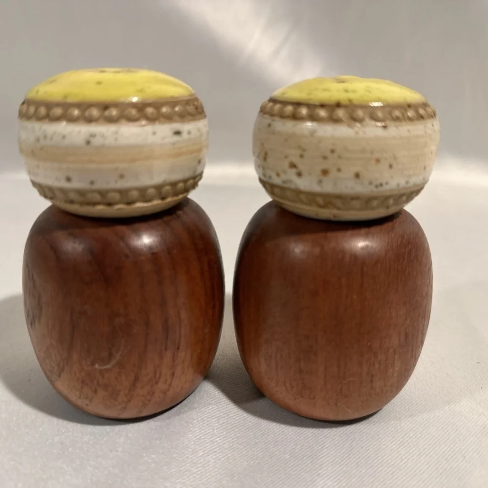 Mid-Century Teak Salt Pepper Shakers with Yellow Ceramic Tops